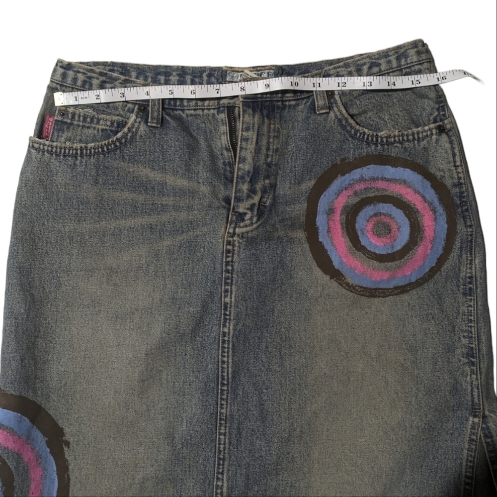 Vintage 90s Lady Enyce Denim Midi Skirt Y2K Painted Graphic Streetwear Size 8 - Picture 6 of 6
